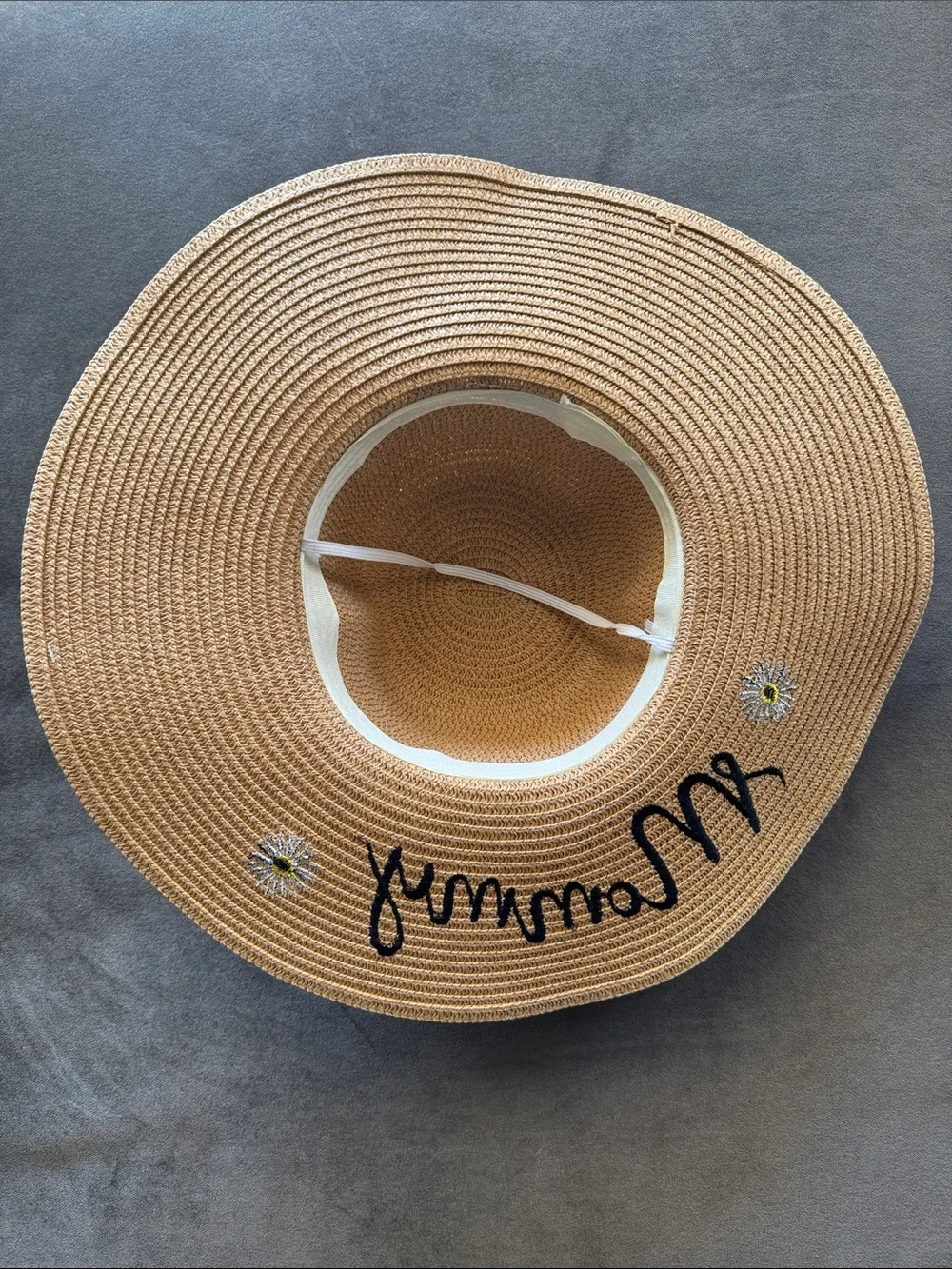 Wide Brim Straw Sun Hat with 'Mommy' Script & Daisy Embroidery One Size NEW